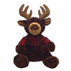 🦄 Aurora Stuffed Moose Wearing Red Plaid Shirt